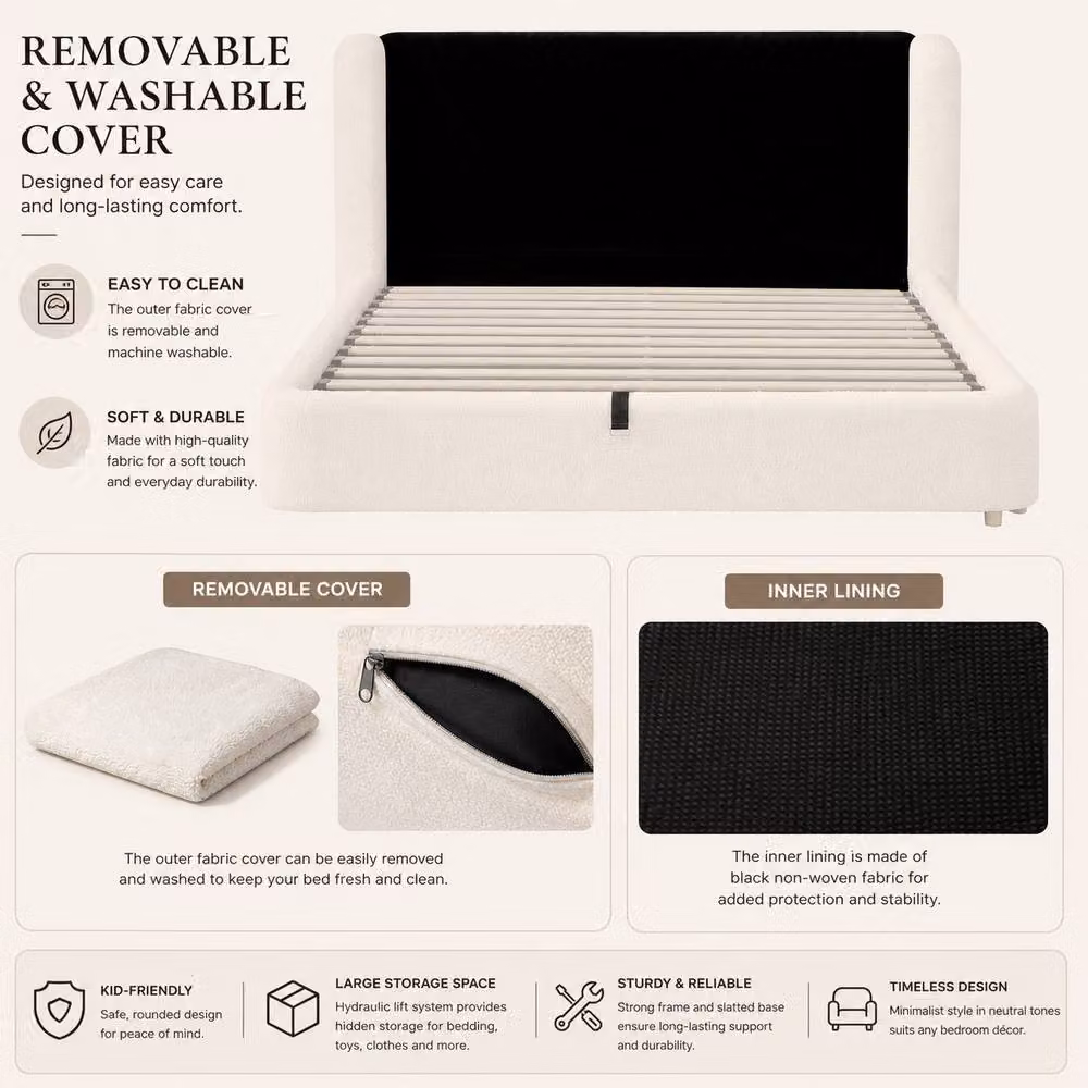 BTM King Size Bouclé Upholstered Ottoman Storage Bed with Hydraulic Lift-Up Base, White, W/D/H: 150 x 200 x 181 cm – 5