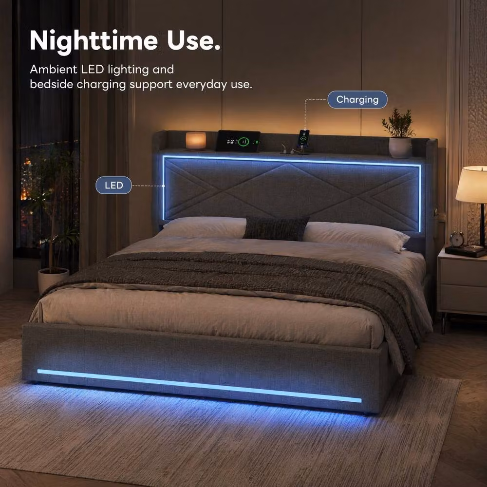 STILVORA King Size Ottoman Bed in Grey Linen with LED Under-Bed Lighting and USB Charging Ports, W/D/H: 180 x 200 x 110 cm – 5
