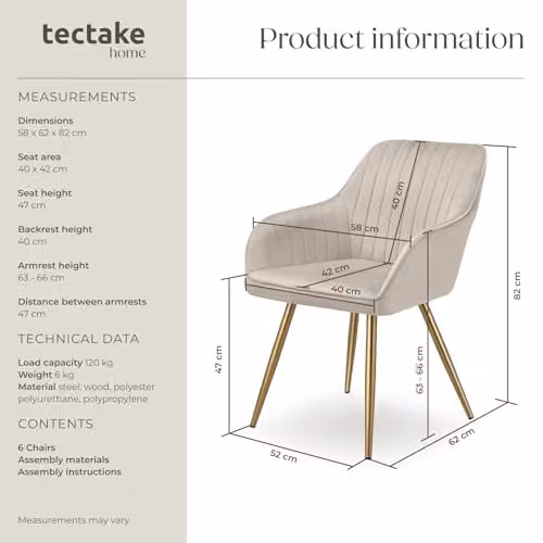 tectake Set of 6 Marilyn Dining Chairs with Velvet Fabric and Gold Metal Legs in Taupe – 3