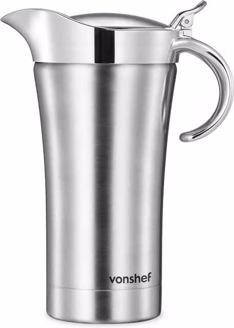 VonShef Stainless Steel Double Walled Insulated Gravy Boat with Lid and Drip Free Spout, Silver, 1 l