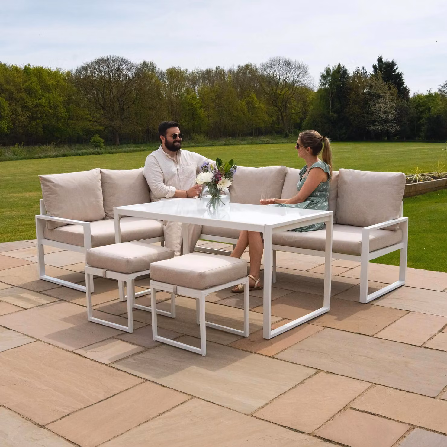 Monstershop Aluminium Corner Sofa Set with Black Rattan Storage Box in White – 3