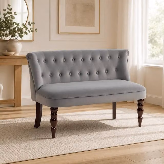 STILVORA 2 Seater Wingback Sofa in Grey Velvet with Solid Wood Frame, W/D/H: 120 x 78 x 67 cm