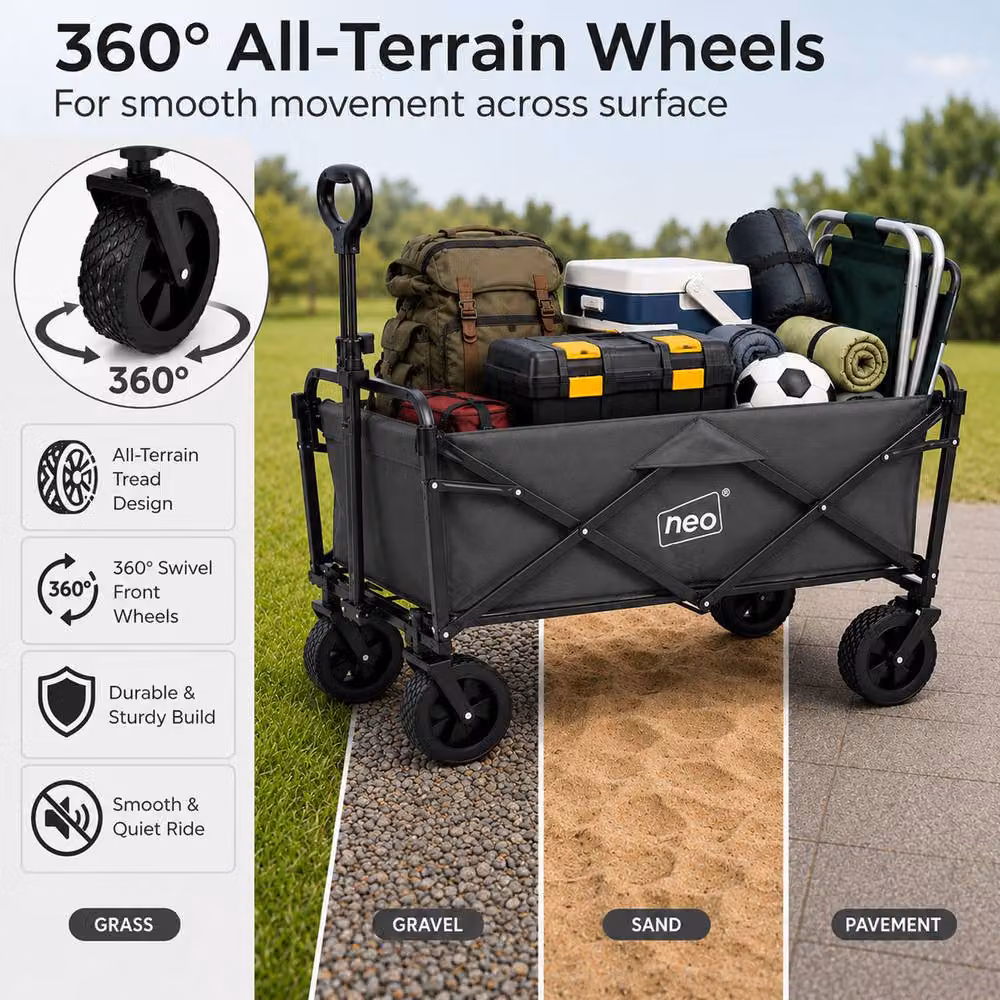 Neo Folding Garden Wagon Cart in Grey with 138L Capacity and 120kg Load Limit – 4