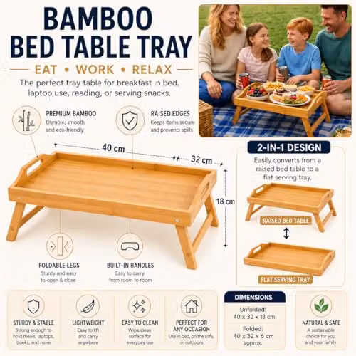 Almineez Bamboo Bed Tray Table with Folding Legs in Brown, W/D/H: 40 x 32 x 18 cm – 3