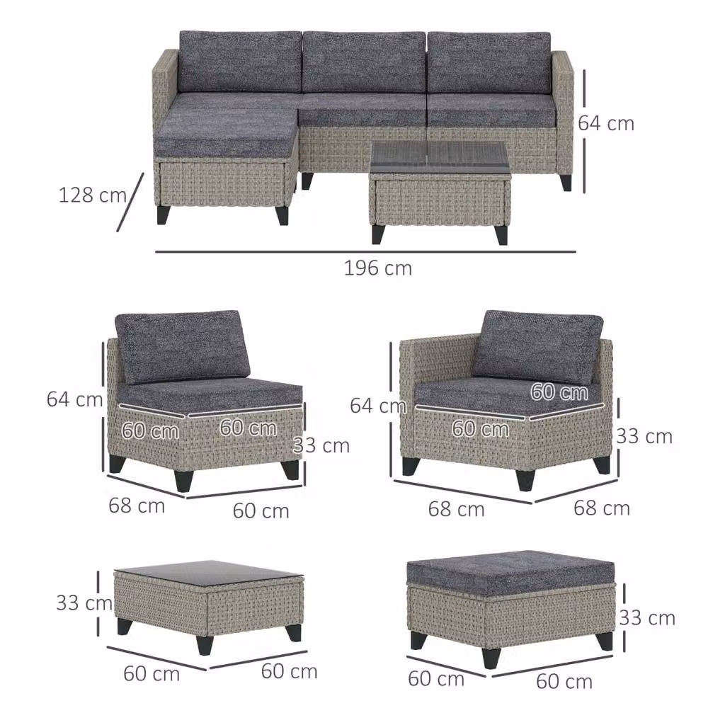Wyld Haus Vema Dark Grey L Shaped Outdoor Rattan Corner Sofa Set with Ottomans, Coffee Table and Upholstered Cushions – 3