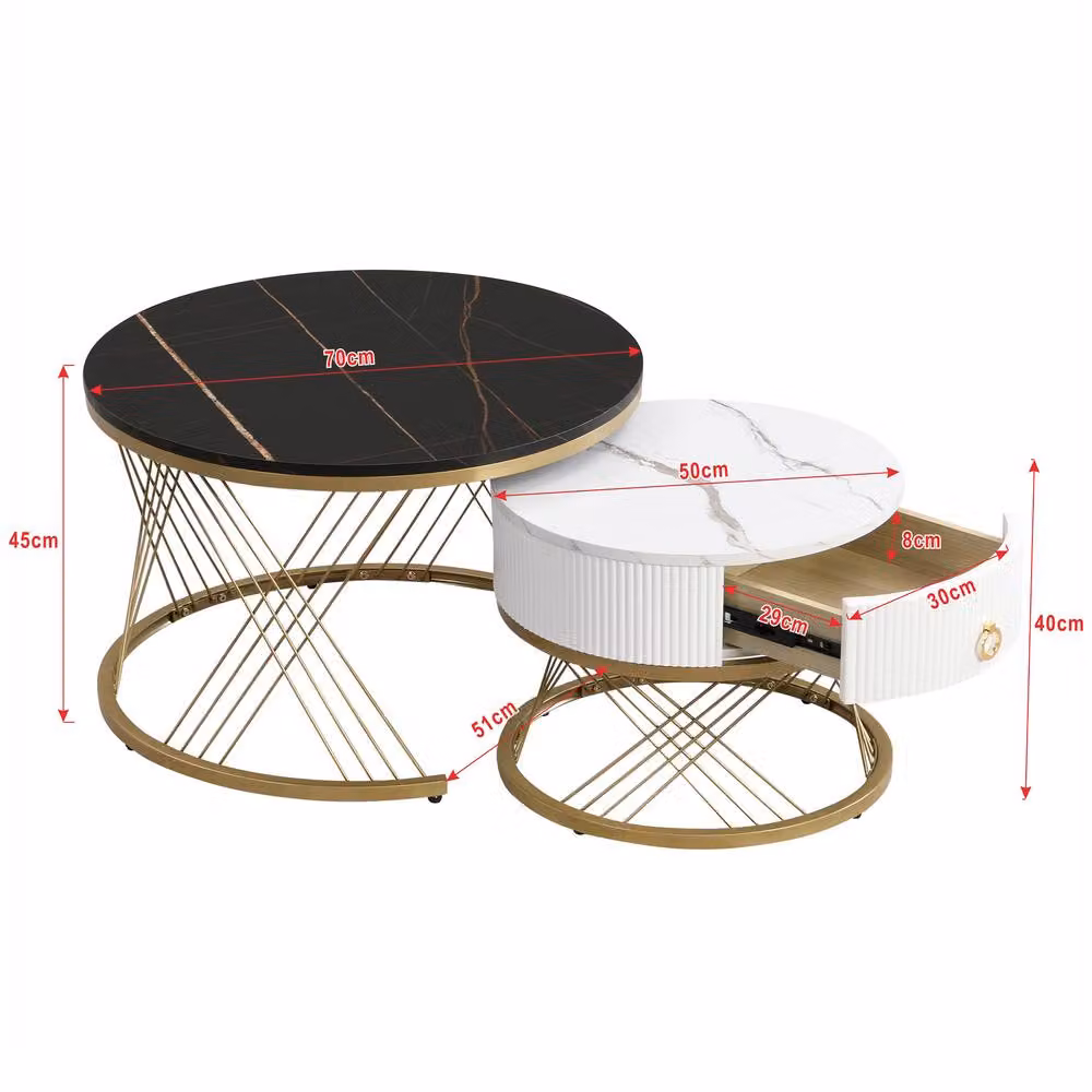 Merax 2 Piece Round Nesting Coffee Table Set with Gold Metal Frame in Black – 2