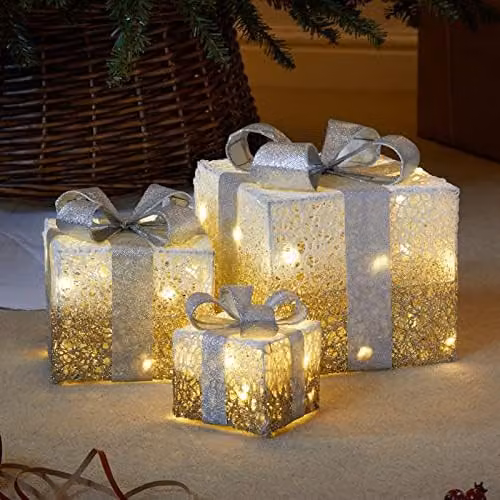 Smart Garden Gold Light Up Sparkly Faux Christmas Gift Box Decorations