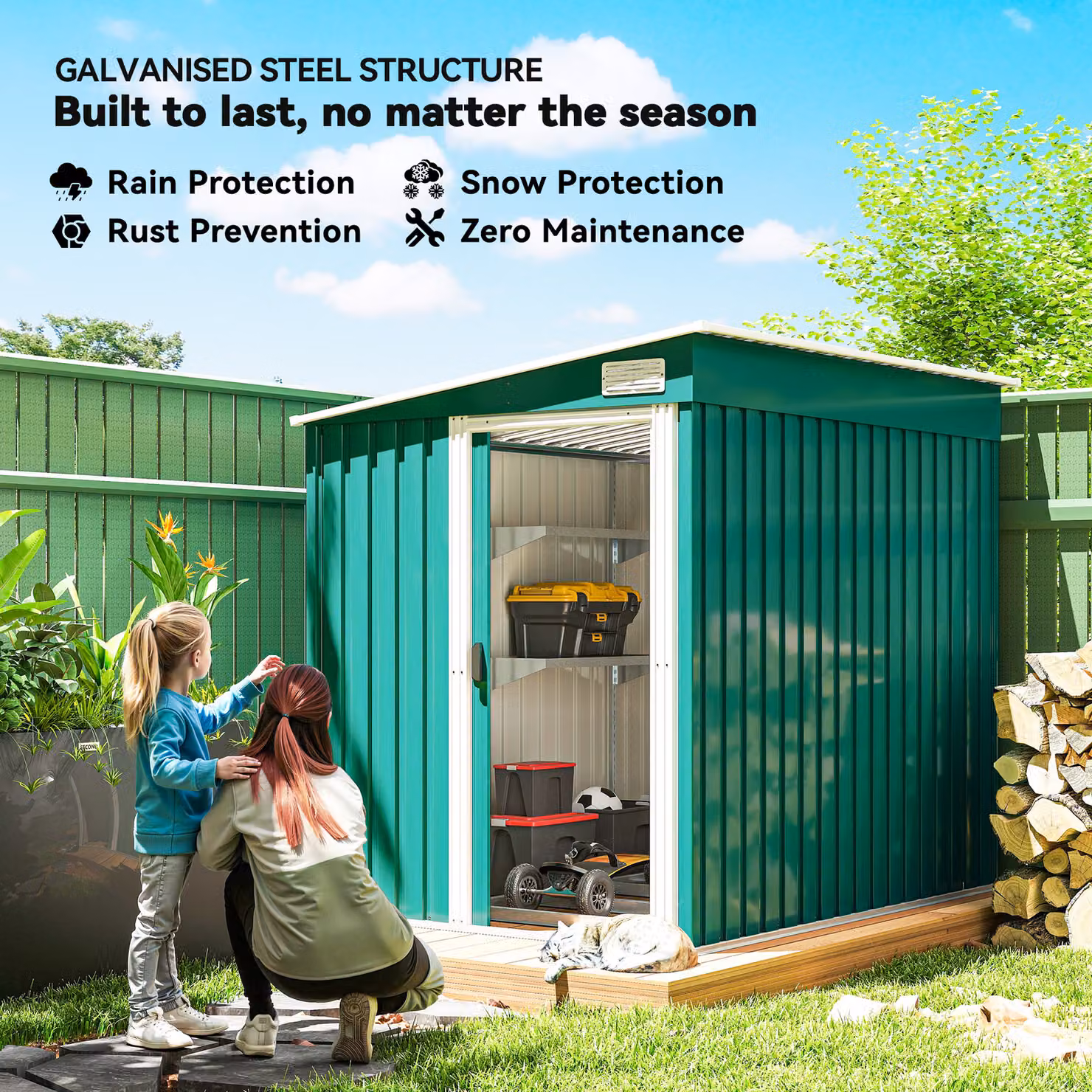 Outsunny Green Galvanised Metal Pent Shed with Sliding Door, W: 213.4 cm, D: 152.4 cm, H: 181.0 cm – 4