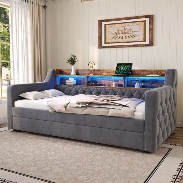 Aosom UK Modern Velvet Upholstered Sofa Bed with Pull-Out Frame, LED Lighting and USB Charging, Dark Grey, W: 201 cm, D: 107 cm, H: 75 cm – 1