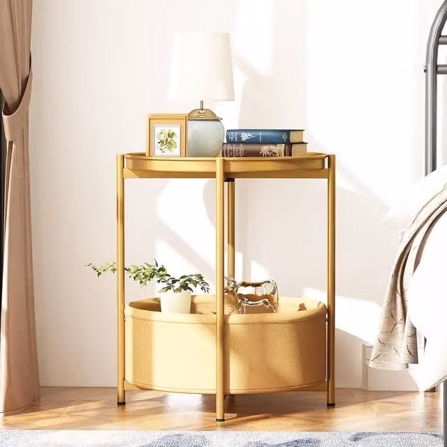 Huhote Gold 2 Tier Round Fabric End Side Table with Storage Basket – 1