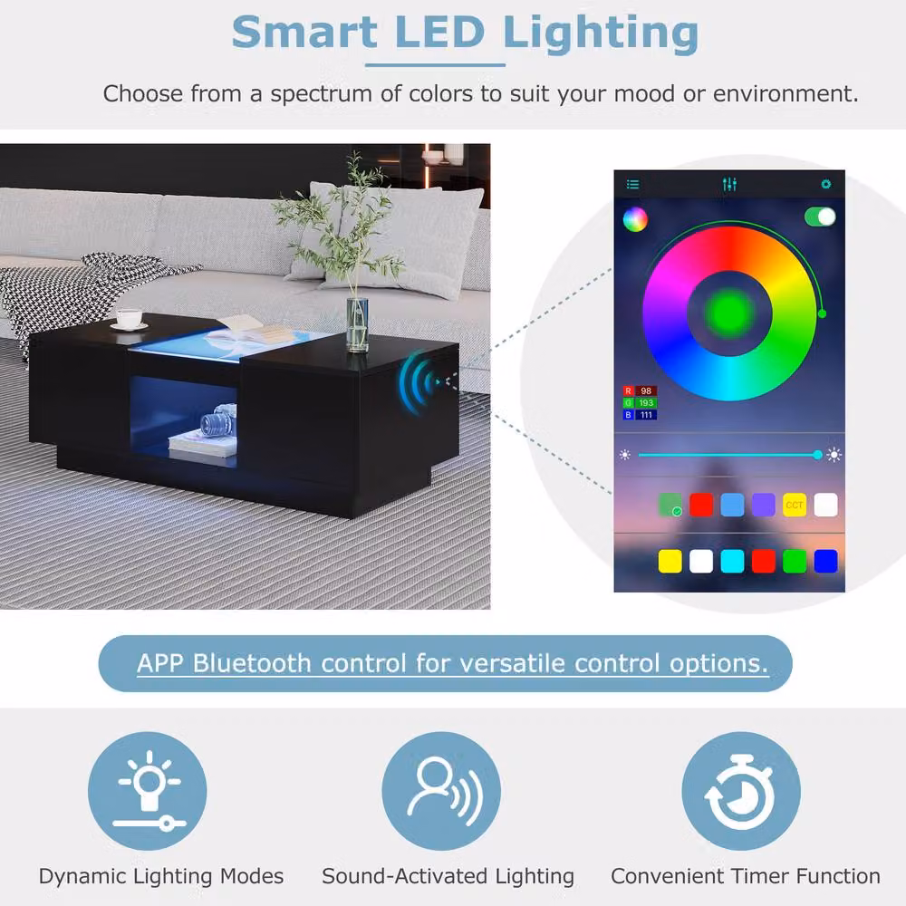 ModernLuxe Modern LED Coffee Table with 2 Tiers and 2 Drawers in Black – 2