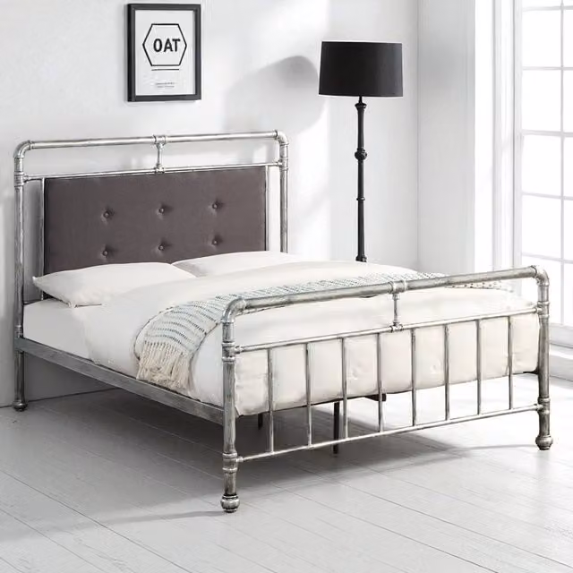 OAT Home Shoreditch Industrial Scaffold Metal Bed Frame with Grey Upholstered Headboard, Distressed Silver, W/D/H: 180 x 163 x 120 cm – 1