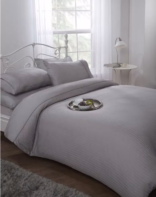 NewEdgeBlinds Silver and Grey Striped Mako Satin Cotton Duvet Cover and Pillowcase Set