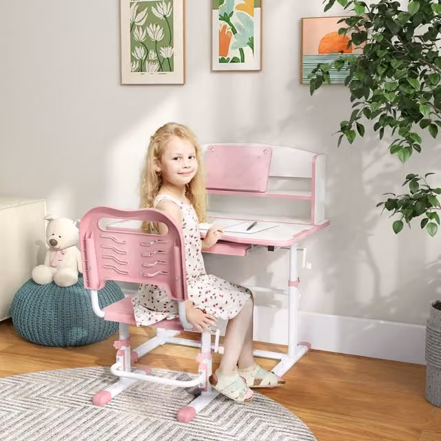 ZONEKIZ Height Adjustable Kids Desk and Chair Set with Drawer and Bookshelf, Pink