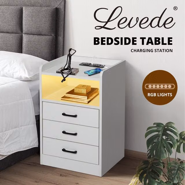 Levede White 3 Drawer Bedside Table with Integrated RGB LED Lighting W/D/H: 40 x 35 x 64 cm