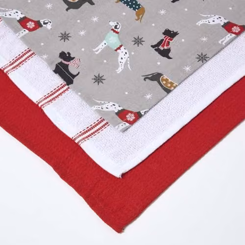 Homescapes Set of 3 Cotton Christmas Tea Towels in Red, White and Grey – 3