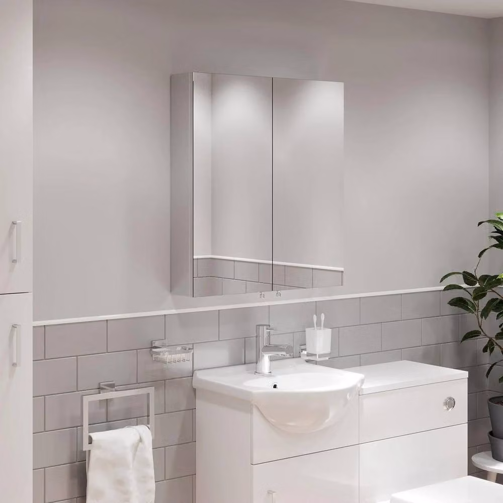 FORGEVIO Double Door Stainless Steel Mirror Cabinet in Silver with Internal Shelves – 2