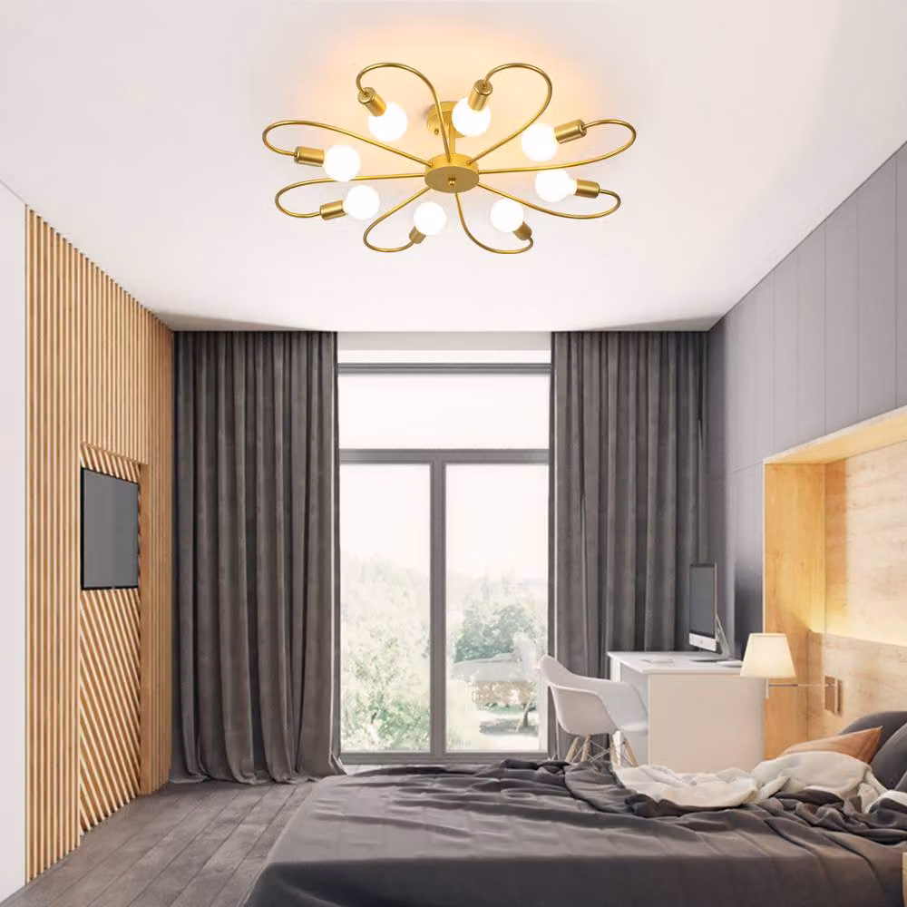 NIVOR 8-Light Industrial Mid Century Flush Mount Ceiling Chandelier in Gold and Brass – 3