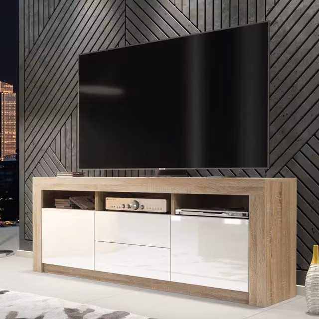 Creative Furniture Modern TV Unit in Oak with High Gloss White Doors, W: 160 cm, H: 60 cm, D: 35 cm