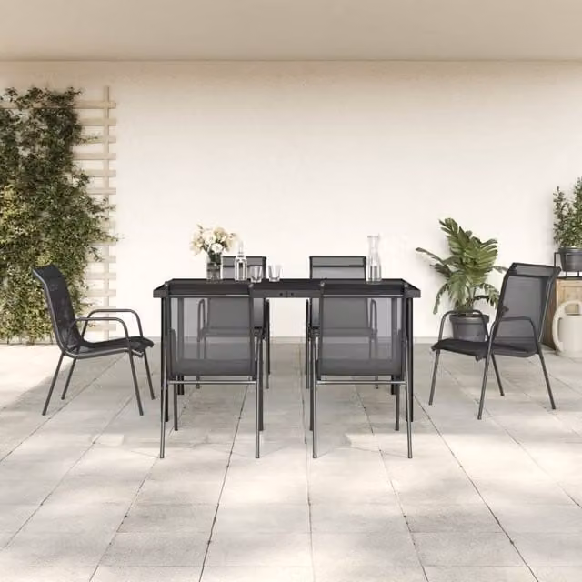 Berkfield Home 7 Piece Garden Dining Set in Black Steel and Textilene