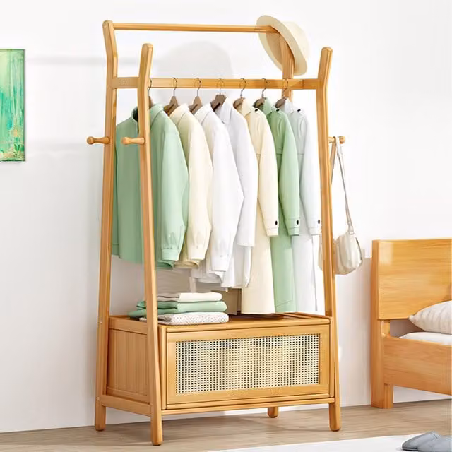 Komore Scandinavian Yellow Wooden Clothes Rail with Continuous Linear Rail