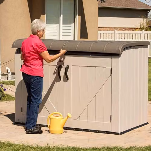 LIFETIME 60170 Heavy Duty Low Plastic Garden Storage Box in Desert Sand and White, W/D/H: 183.0 x 122.0 x 42.0 cm – 6
