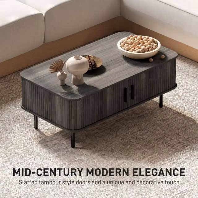 STILVORA Mid-Century Rectangular Coffee Table with Sliding Tambour Doors in Grey, Width: 100 cm
