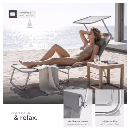 tectake Folding Sun Lounger in Grey with Sun Canopy and Adjustable Headrest, W/D/H: 190 x 68 x 111 cm – 5
