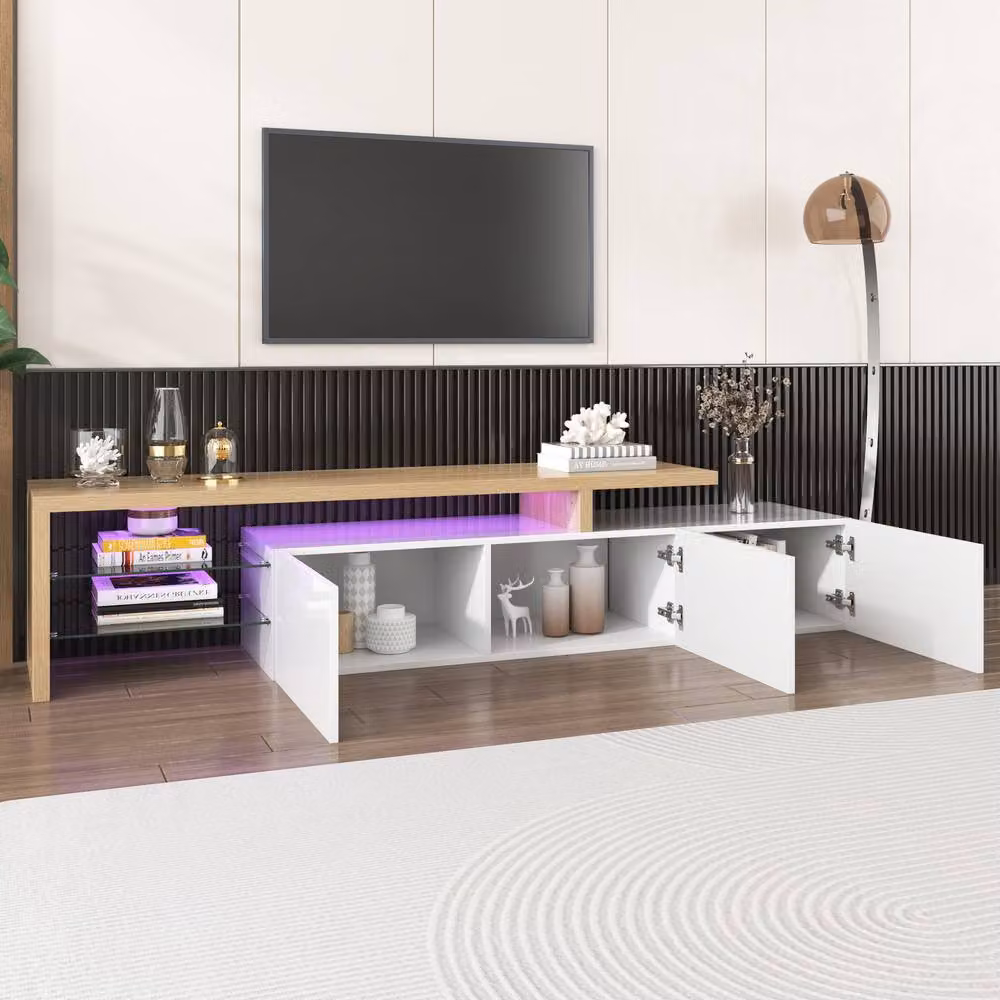 BTM High-Gloss White Modern TV Stand with LED Glass Shelves W/D/H: 192.5 x 42.8 x 39.0 cm – 4