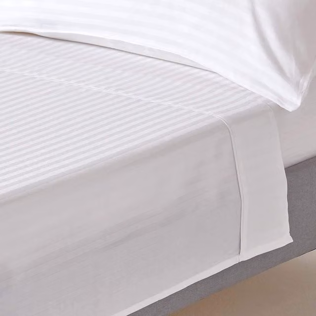Homescapes 330 Thread Count White Combed Cotton Mako Satin Striped Flat Sheet, W/D/H: 90 x 200 cm