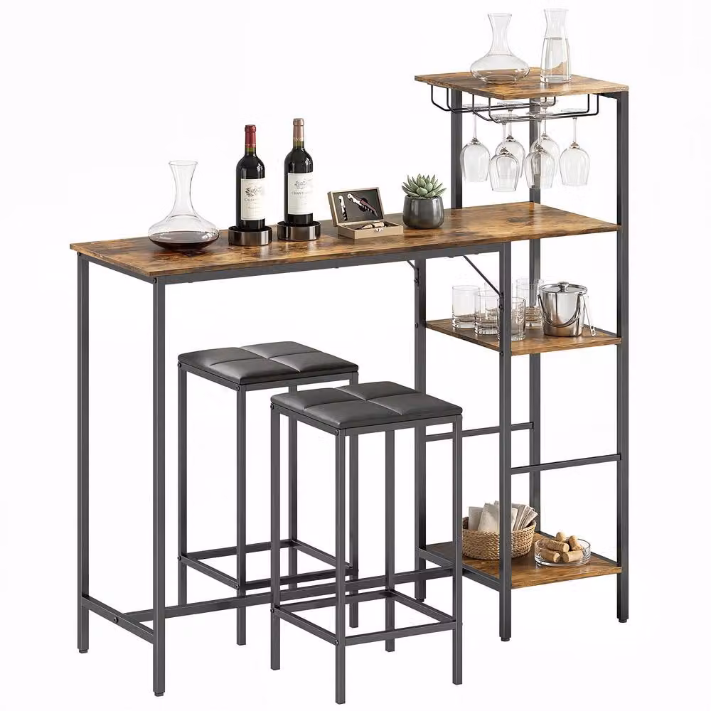 HOMCOM 3 Piece Breakfast Bar Table and Stools Set with 4-Tier Shelving in Rustic Brown – 2