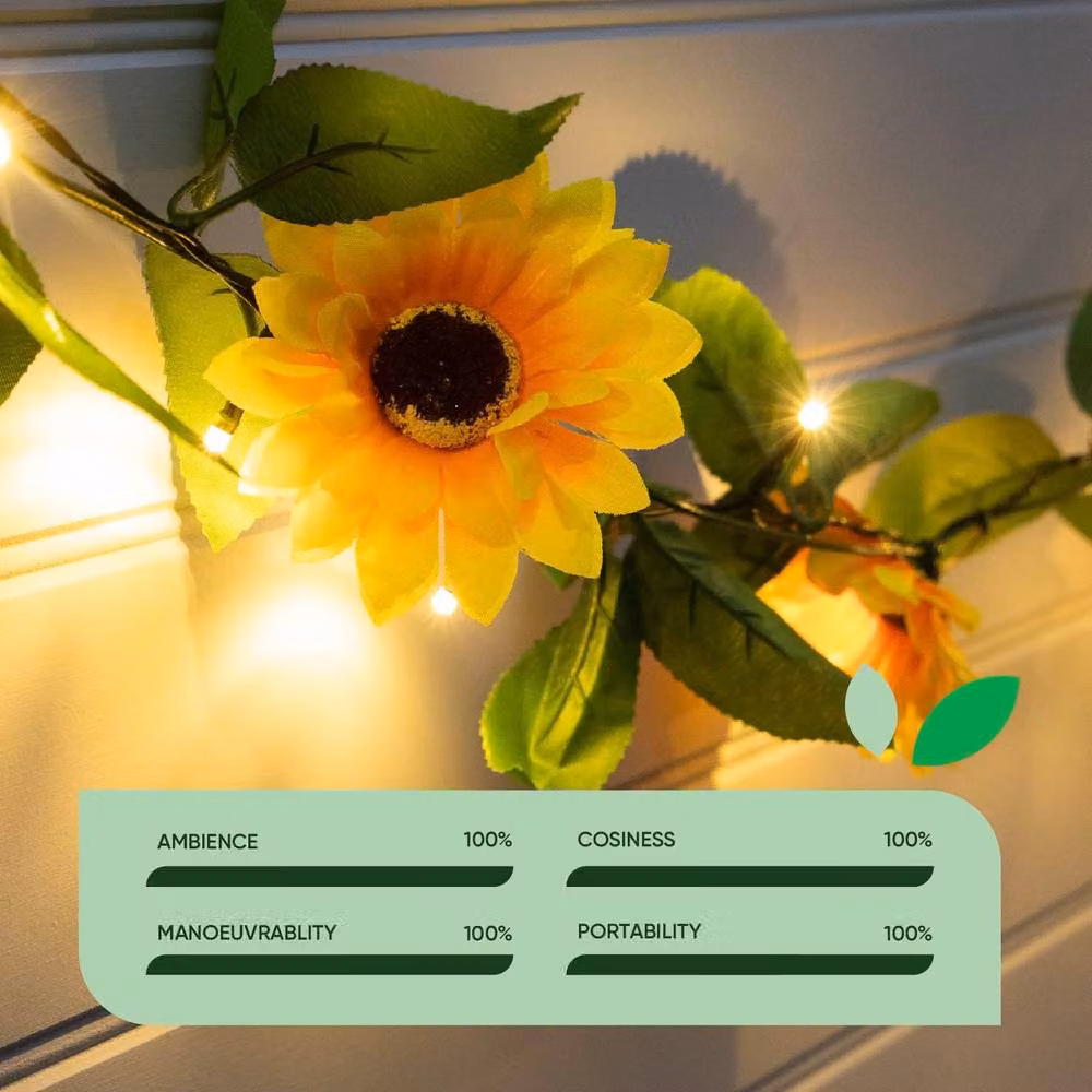 Gardenwize Solar Sunflower Garland String Lights with 25 Warm White LEDs in Yellow and Multicolour, Length: 2.3 m – 3