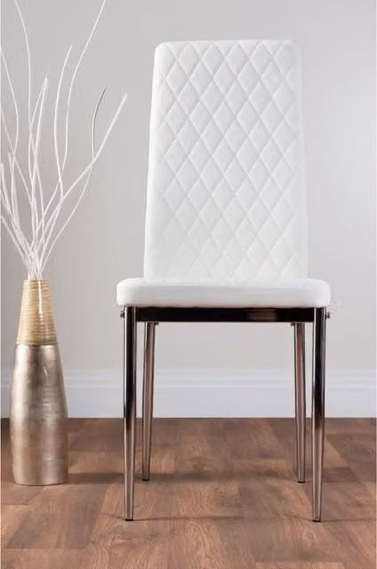 FurnitureboxUK Palma White Marble Effect Round Dining Table and 4 White Milan Chrome Leg Chairs