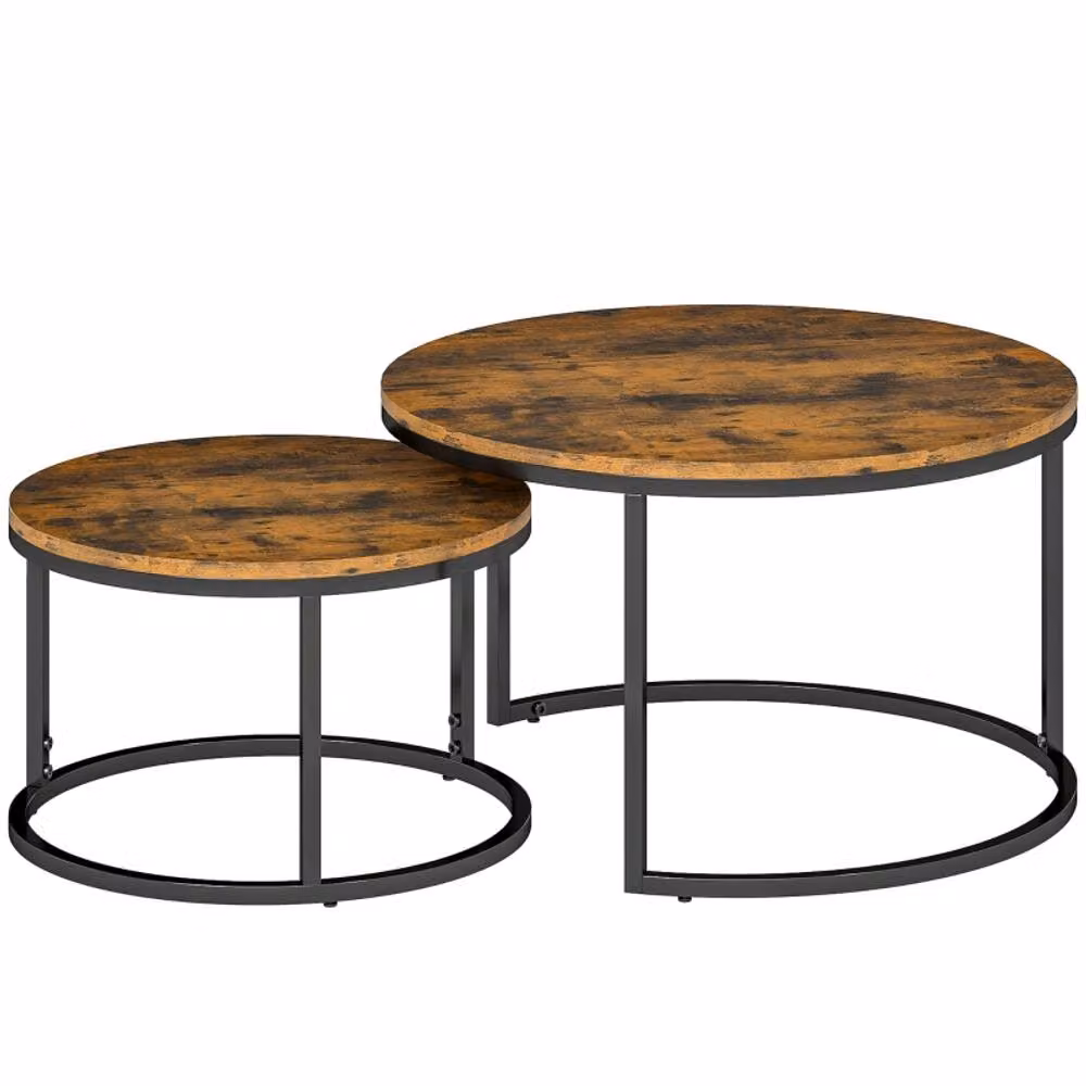 STILVORA Set of 2 Round Nesting Coffee Tables with Industrial Steel Frame in Rustic Brown and Black – 5