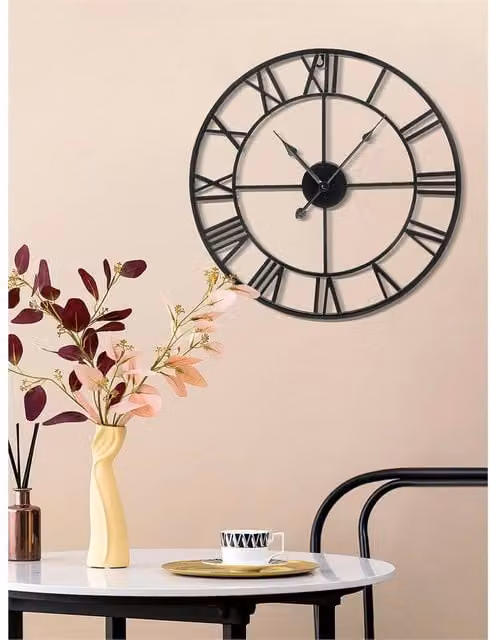 Nordara Black Roman Numeral Metal Large Round Wall Clock, Diameter: 60 cm
