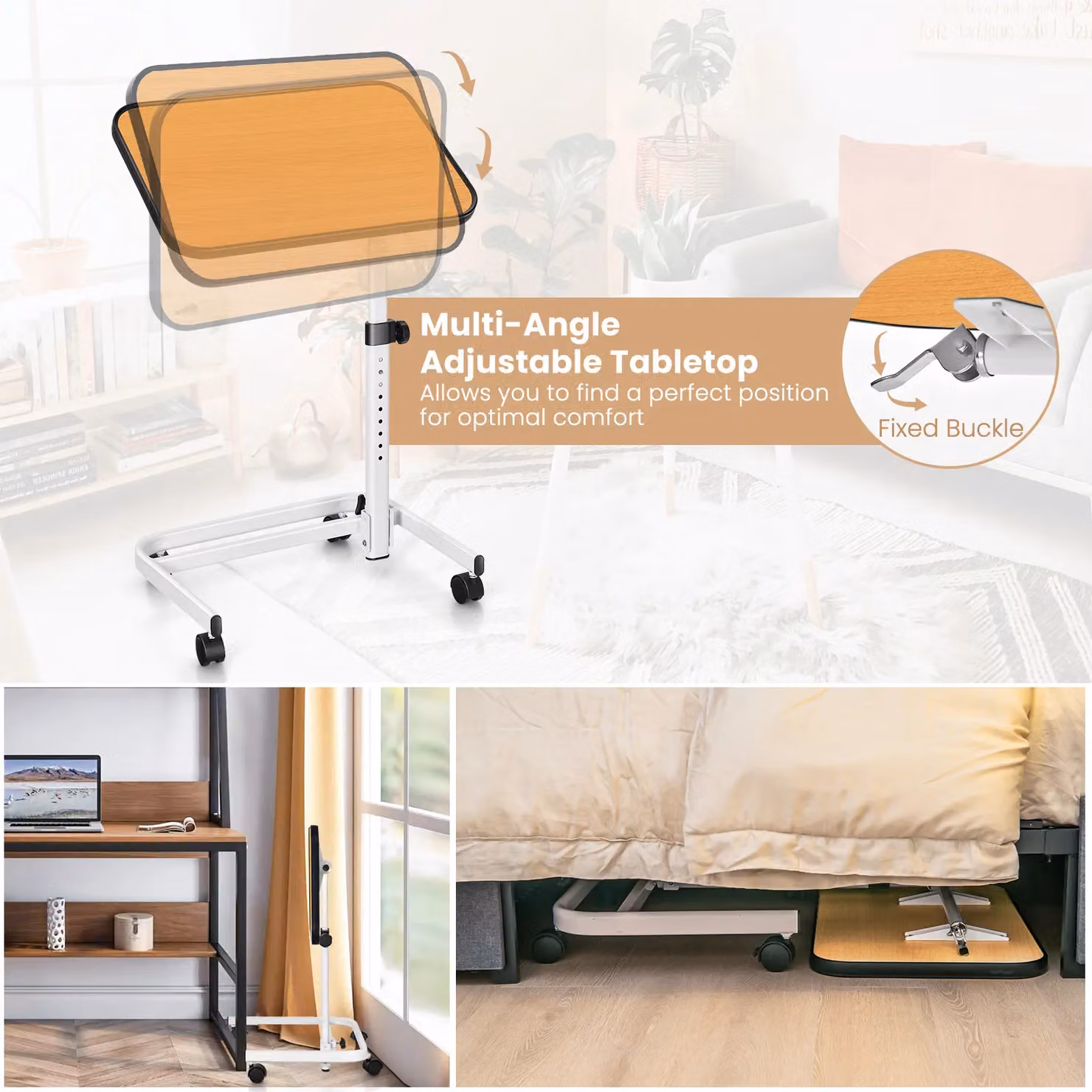 Costway Height Adjustable Mobile Overbed Table with Tilting Top in White – 4