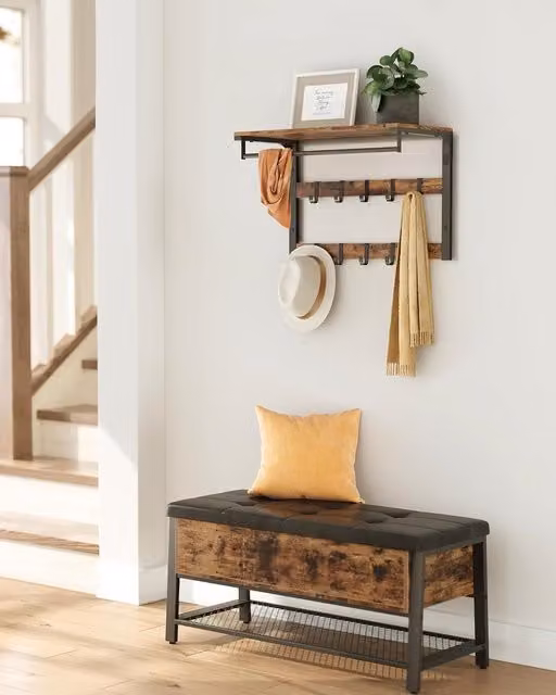 VASAGLE Industrial Wall-Mounted Coat Rack Shelf with 10 Removable Hooks and Clothes Rail in Brown