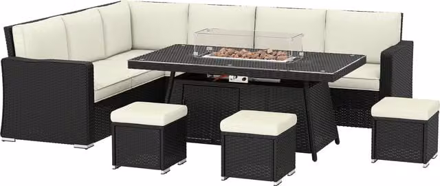 Outsunny 7 Piece PE Rattan Garden Furniture Set with 50,000 BTU Gas Fire Pit Table, Double Corner Sofa and 3 Footstools