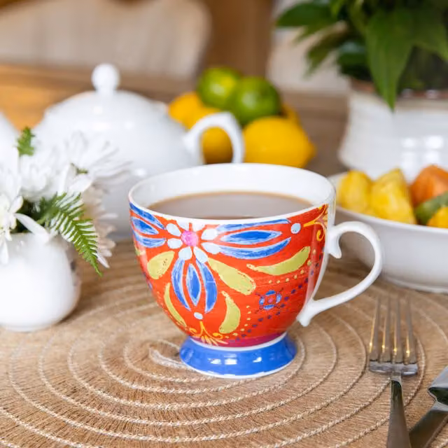 KitchenCraft Set of 4 Moroccan Floral Ceramic Footed Mugs in Red, Blue and Multicolour