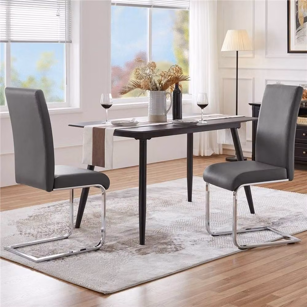 Kelvenix Set of 2 Modern Grey Leather Dining Chairs with Cantilever Metal Base – 2
