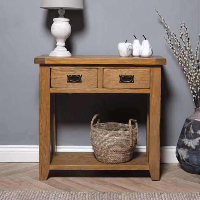 Elm Home And Garden Rustic Oak 2 Drawer Hall Console Table, Brown