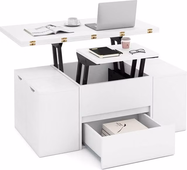 Costway Modern White Lift Top Coffee Table with 4 Storage Stools – 1