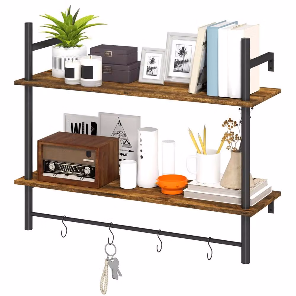 FURNOS 2 Tier Wall Mounted Floating Shelf with Hanging Rail and Hooks, Brown, W: 65 cm, H: 24 cm, D: 8 cm – 7