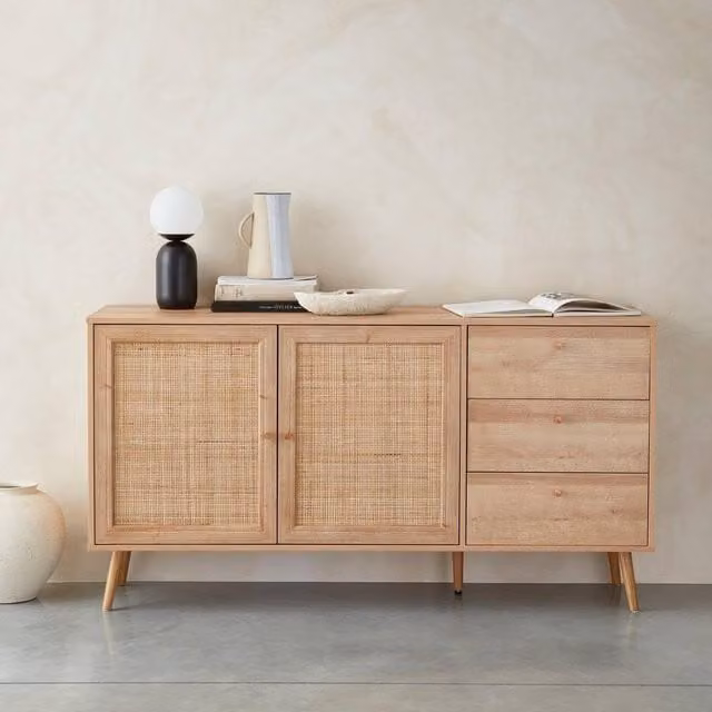 sweeek Scandi-style Wooden and Cane Effect Sideboard in Light Brown – 1