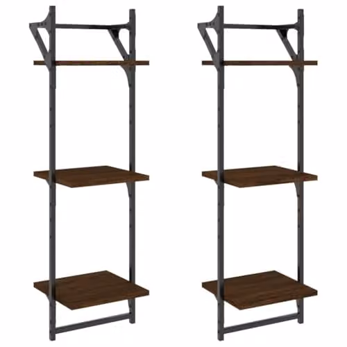 vidaXL 2-Piece 3-Tier Wall Mounted Shelves with Hanging Rods in Brown Oak, W/D/H: 30 x 25 x 100 cm