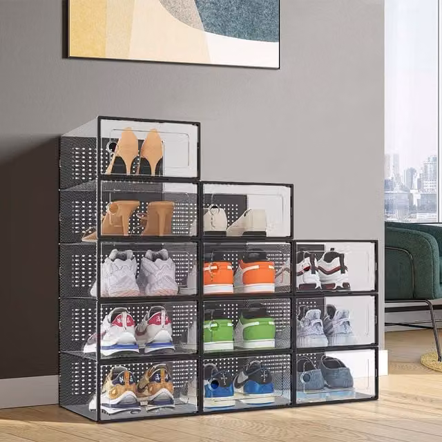Livingandhome Set of 12 Stackable Transparent Black Plastic Shoe Organisers