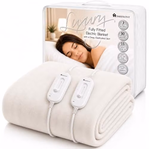 Homefront Super King Size Electric Blanket in White with Dual Control and Overheat Protection, W/D/H: 203 x 182 cm