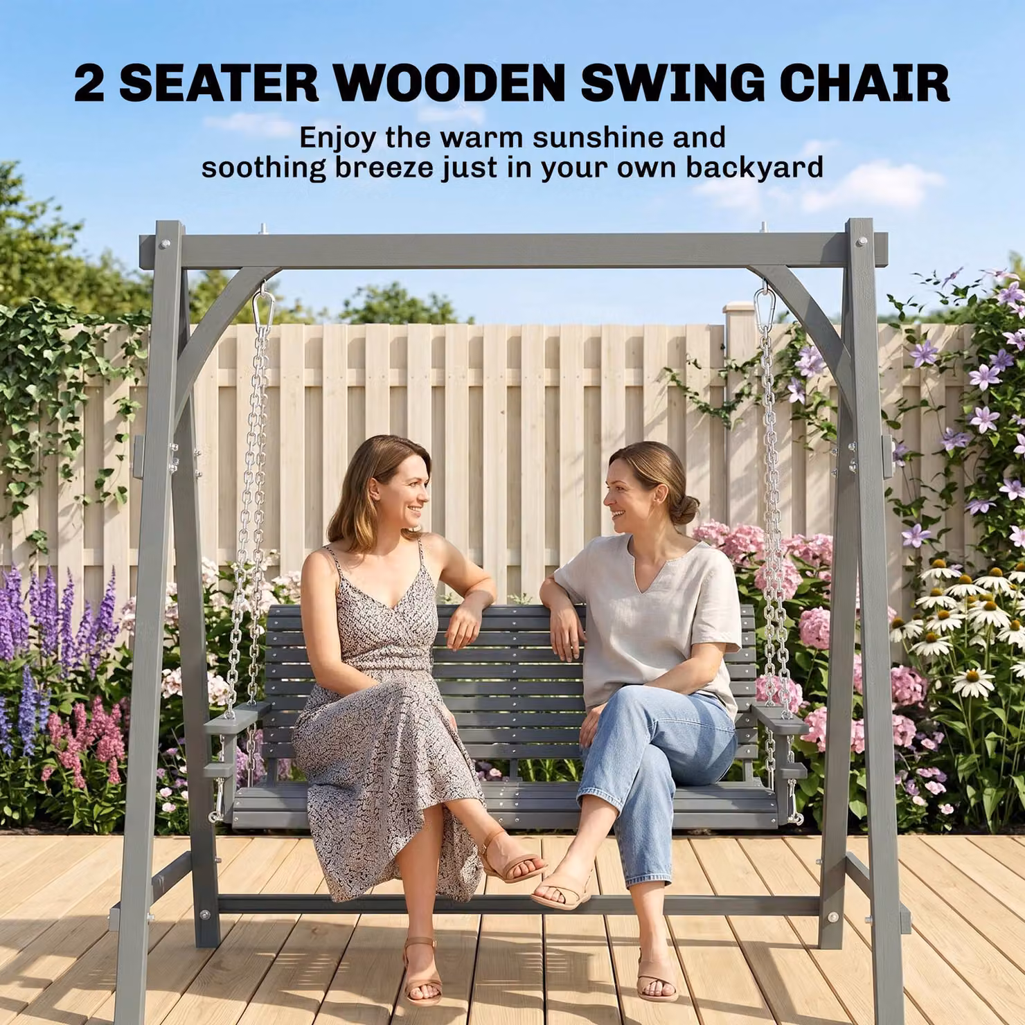 Outsunny 2 Seater Larch Wood Garden Swing Seat with Armrests and Cup Holders, Grey – 3