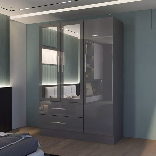 MN Furniture High Gloss 3 Door Mirrored Wardrobe with Drawers and Integrated Lighting in Grey and Gold, Width: 120 cm