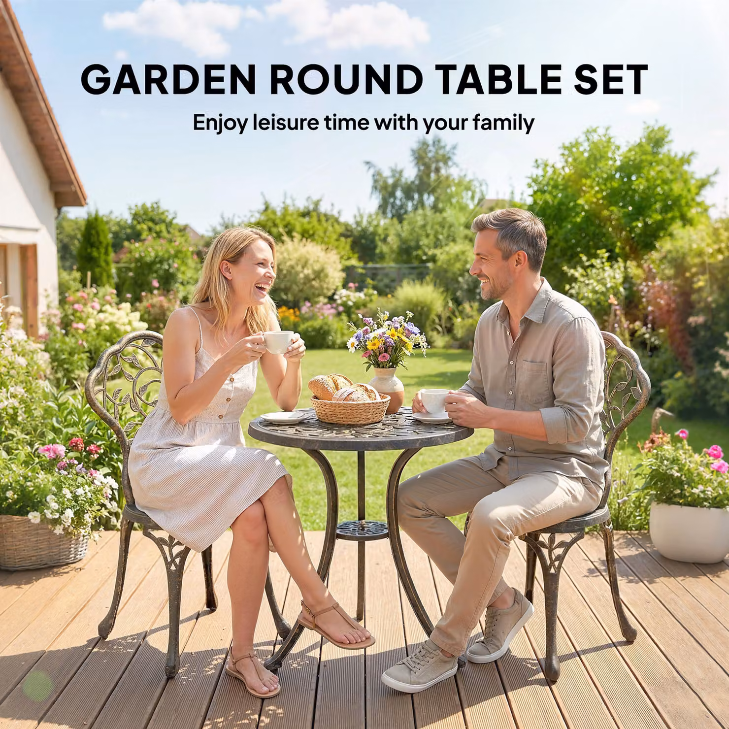 Outsunny 3 Piece Brown Powder Coated Aluminium Bistro Set with Round Dining Table and Chairs for Garden and Terrace – 5